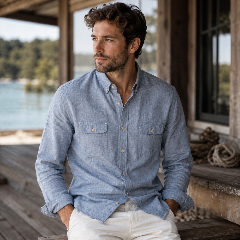 Crown & Ivy Mens XXL Blue Linen Cotton Blend Classic Fit Button Down Shirt - Picture 1 of 7